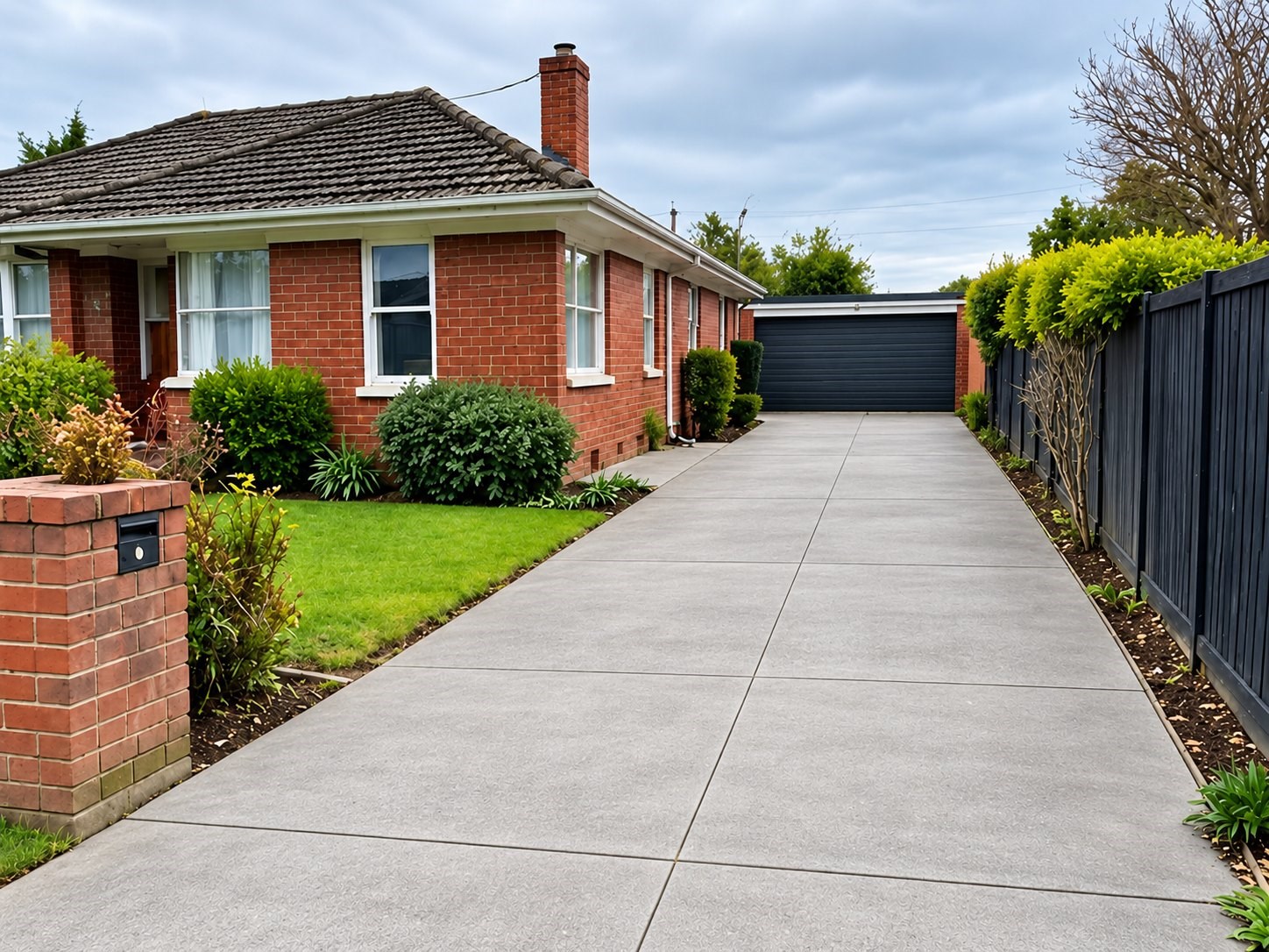 After: Cracked, stained concrete driveway replaced with a new smooth concrete driveway