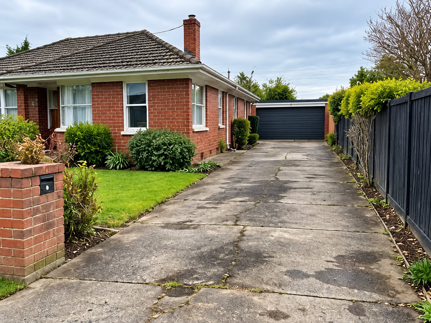 Before: Cracked, stained concrete driveway replaced with a new smooth concrete driveway