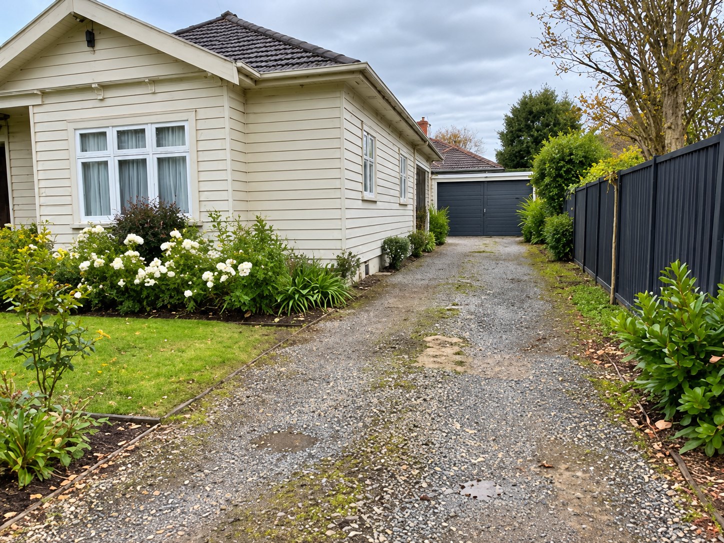 Before: worn, weedy chip driveway