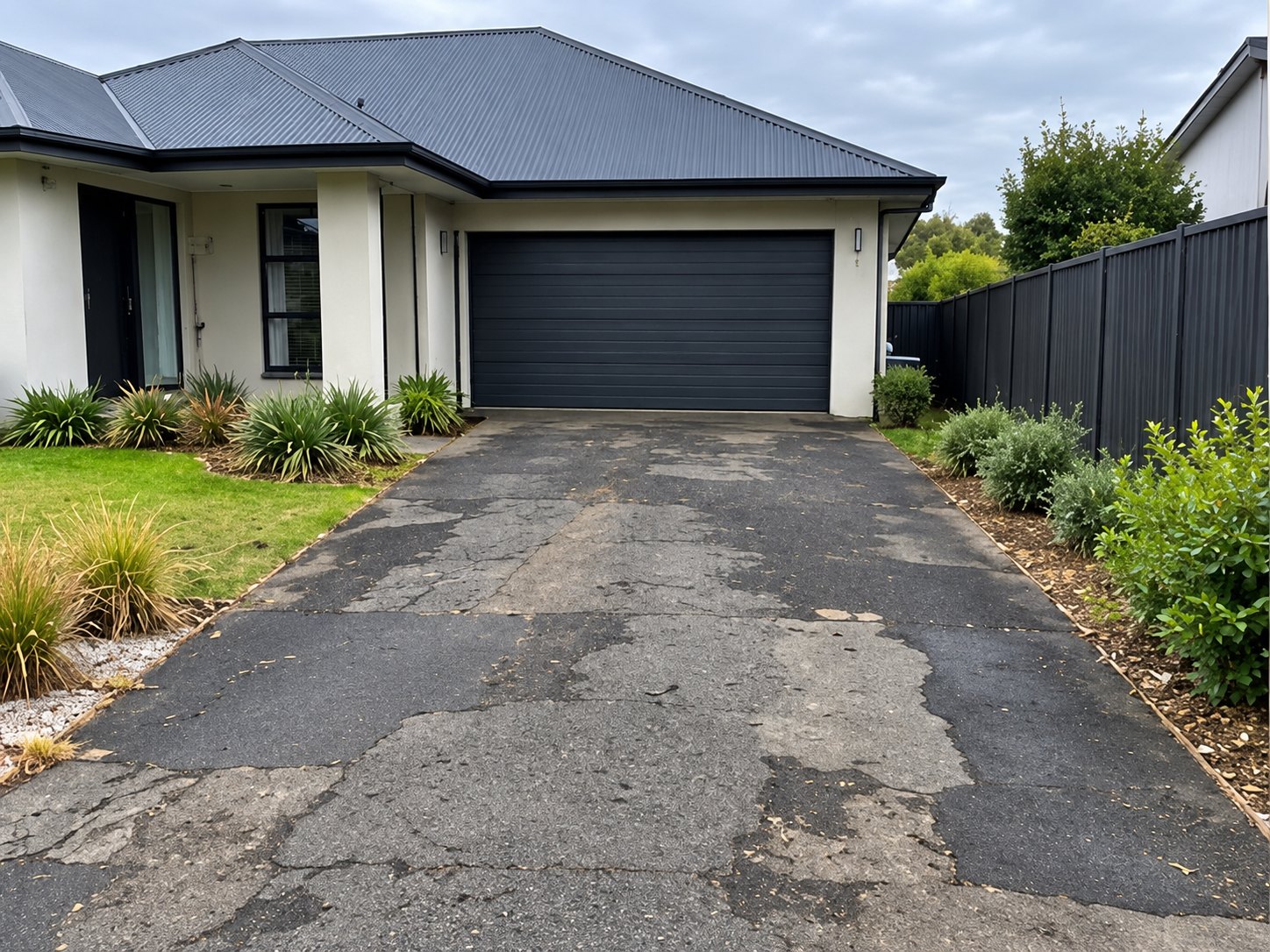Before: patched, cracked asphalt driveway