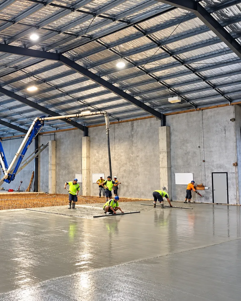 Crew floating a warehouse slab while the pump boom places concrete