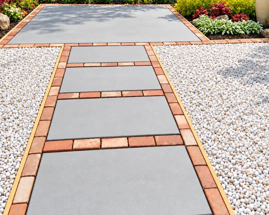 Concrete stepping-stone path with a brick edge