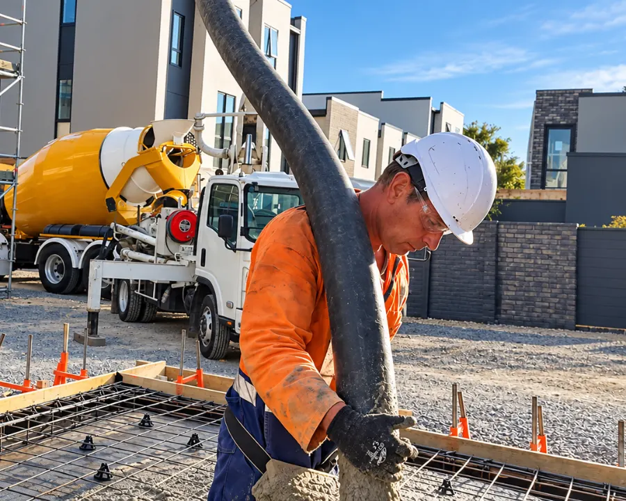 Concrete being pumped into a boxed and meshed pour